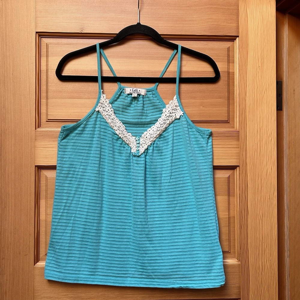 Vintage Y2K Fairy Boho Indie Teal Crochet Lace Sheer Henley Cami Top Size Large